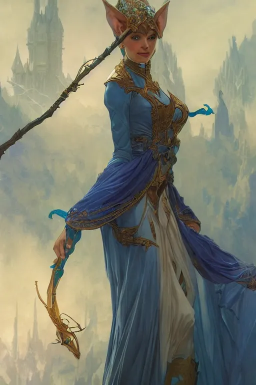 Image similar to a female magician elf holding her staff, blue colors, fantasy, intricate, elegant, epic highly detailed, digital painting, artstation, concept art, smooth, sharp focus, illustration, art by artgerm and greg rutkowski and alphonse mucha