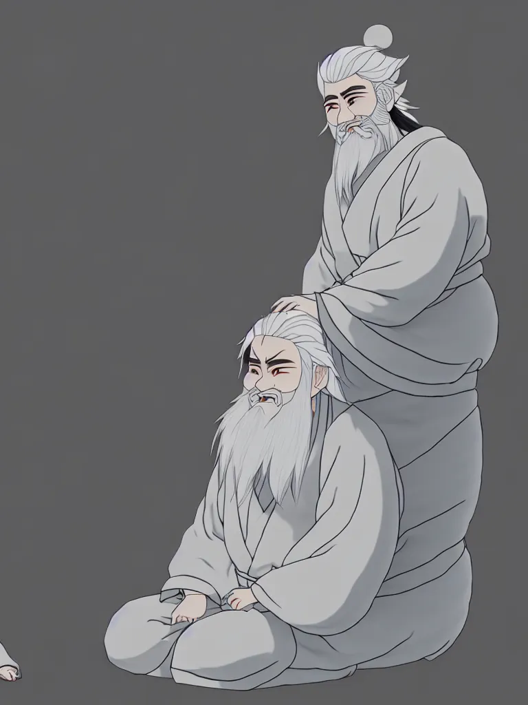 Prompt: the whole body of fuxi in chinese mythology, long white hair, long white beard, wu geng period animation style from china, wearing a grey robe, in style of makoto shinkai, raphael lacoste, akihito tsukushi, kind and solemn, sit on the ground, 3 d render, hyper detailed, 4 k hd