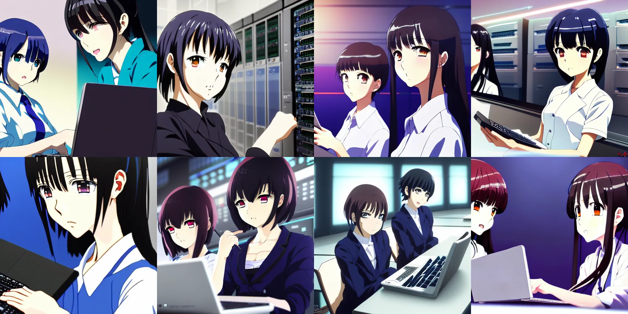 Prompt: anime still film anime shikishi, two female character with handy laptop in a server room, cute face by ilya kuvshinov yoshinari yoh makoto shinkai katsura masakazu kyoani, dynamic perspective pose super detailed facial features eyebrowless symmetry, gapmoe yandere grimdark, crisp and sharp cel shade ambient light n