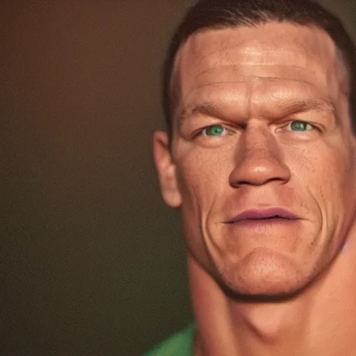 Prompt: A Medium shot of a John Cena face, captured in low light with a soft focus. There is a gentle green hue to the image, and the John cena’s features are lightly blurred. Cinestill 800t