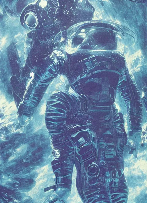 Image similar to astronaut in dark void underwater - complex and hyperdetailed technical suit design. reflection and dispersion materials. rays and dispersion of light. volumetric light. f / 3 2. noise film photo. flash photography. ultra realistic, 5 0 mm. poster by wayne barlowe, hajime sorayama aaron horkey, craig mullins