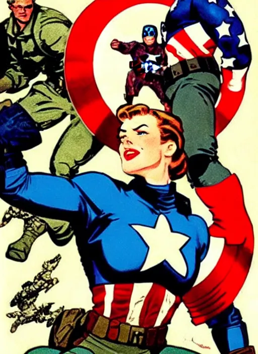 Image similar to 🦸♀ beautiful female captain america standing on a pile of defeated, beaten and broken german soldiers. feminist captain america wins wwii. american wwii propaganda poster by james gurney. gorgeous face. overwatch