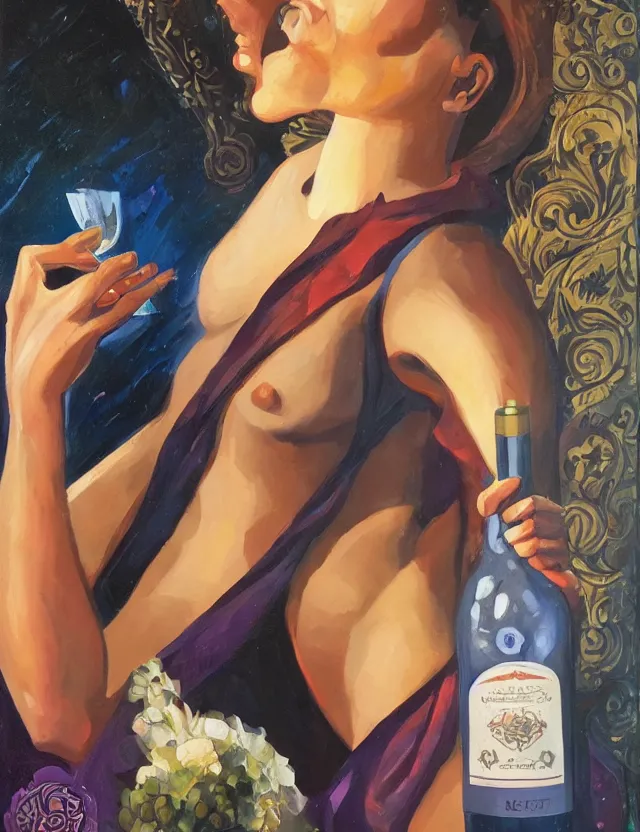 Prompt: androgynous deity of starlight and wine. this oil painting by the award - winning pulp artist has interesting color contrasts, plenty of details and impeccable lighting.