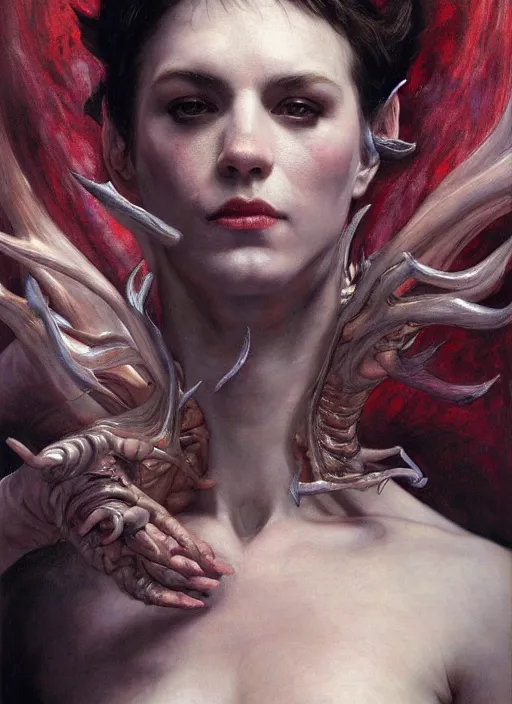 Prompt: half demon half human intricate skin latex, elegant, peaceful, full body, horns, hyper realistic, extremely detailed, dnd character art portrait, fantasy art, intricate fantasy painting, dramatic lighting, vivid colors, deviant art, artstation, by edgar maxence and caravaggio and michael whelan and delacroix.