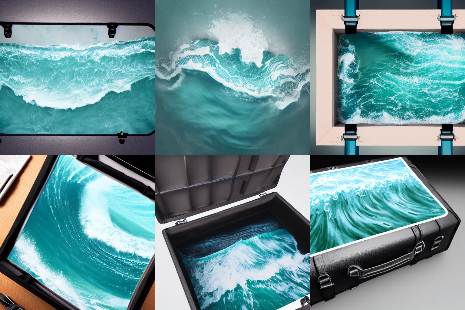 Prompt: photorealistic ocean waves inside a briefcase, wave caps, view from above, studio lighting