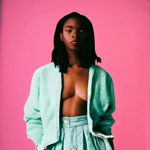 Image similar to realistic photoshoot for a new aime leon dore lookbook, color film photography, portrait of a beautiful woman, in style of Tyler Mitchell, 35mm, graflex