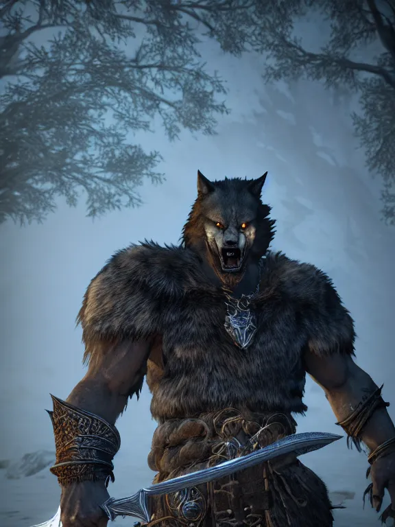 Image similar to cute handsome cuddly burly surly relaxed calm timid werewolf from van helsing holding a sword unreal engine hyperreallistic render 8k character concept art masterpiece screenshot from the video game the Elder Scrolls V: Skyrim