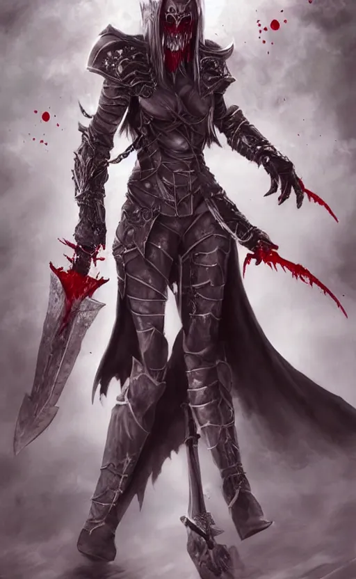 Image similar to dnd art, female vampire knight, barefoot, black full plate armor, historical armor, realistic armor, muscular, full body, monstrous mask, giant two - handed sword dripping blood, red wings, grinning, no boots, black nail polish, realistic, pathfinder, flying.