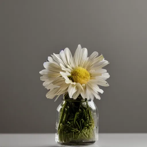 Prompt: photo of a man in a jar on a table, flower still life, close up, studio lighting