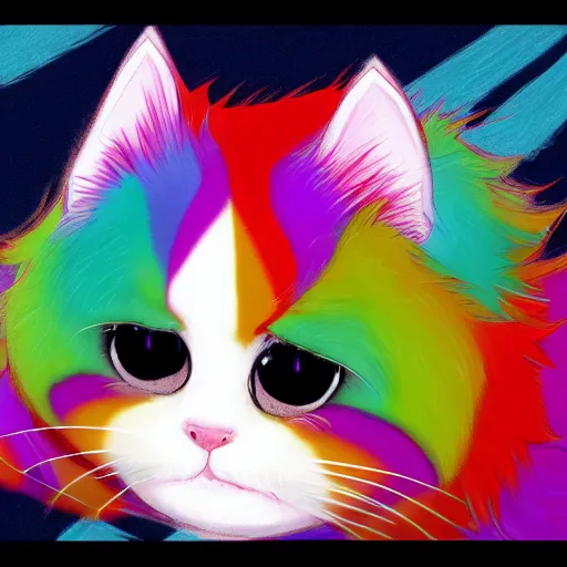 Image similar to wide angle full body, of a fluffy cute rainbow kitten wearing a black motorcycle jacket, concept art