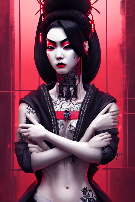 Image similar to ebony asian geisha yakuza gothic cyborg, cyberpunk city, urban decay, decay, underworld, dark art, highly detailed, digital painting, octane render, artstation, concept art, smooth, sharp focus, illustration, art by artgerm, loish, wlop