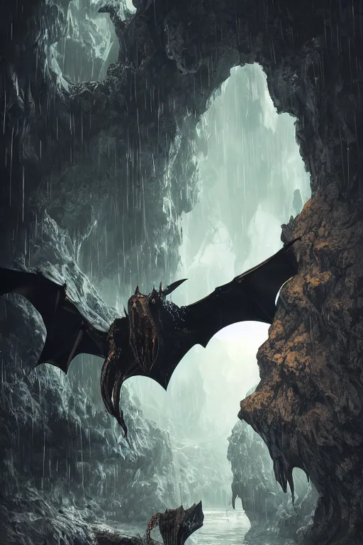 Image similar to giant bat in a limestone cave with small water puddles on the ground, lovecraftian creature, dynamic lighting, volumetric, bokeh, cinematic, establishing shot, extremly high detail, photo realistic, cinematic lighting, post processed, concept art, artstation, matte painting, style by eddie mendoza, raphael lacoste, alex ross