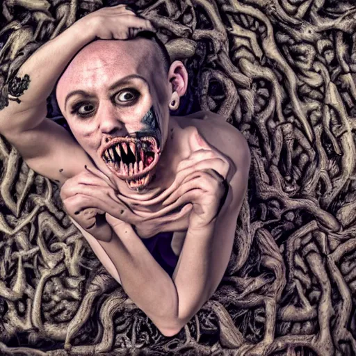 Image similar to artistic photoshoot of a mothan hybrid, grotesque, body horror, mutant shaming, creepy, terrifying, 8 k hdr 8 0 mm wide angle portrait