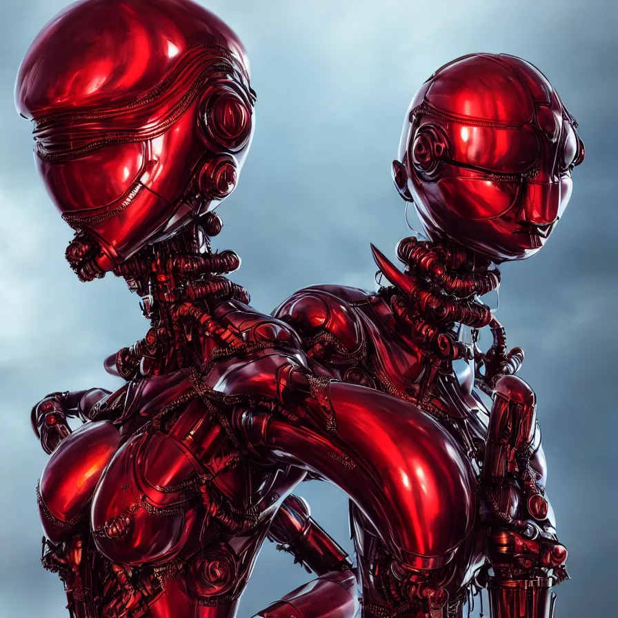 Image similar to fashion portrait, vogue, super hero pose, red biomechanical wear, inflateble shapes, wearing epic bionic cyborg implants, masterpiece, intricate, biopunk futuristic wardrobe, highly detailed, art by akira, mike mignola, artstation, concept art, background galaxy, cyberpunk, octane render