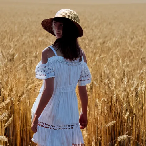 Image similar to a magazine photo of a young woman wearing a sundress and straw hat, walking through a field of wheat, her hand grazing on the wheat as she walks by, looking back over her shoulder, shot from behind, three quarter portrait