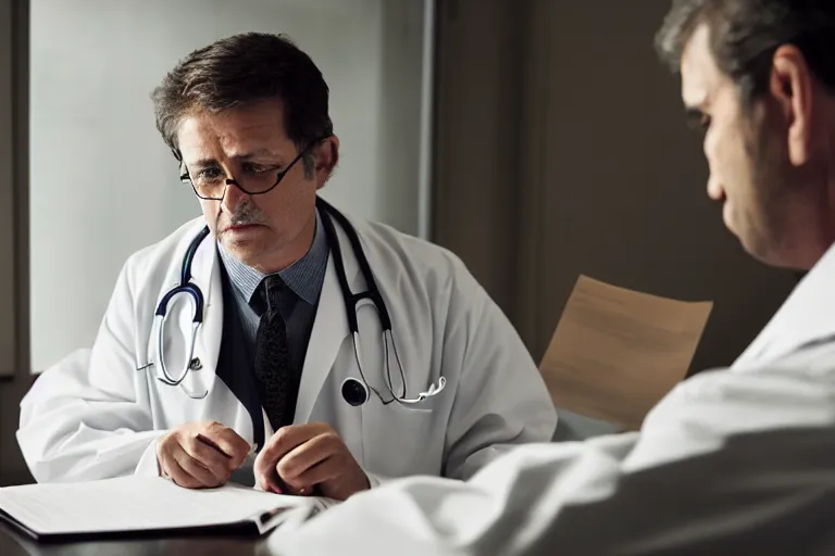 Prompt: a cinematic shot of an doctor reading his notes, talking to a patient, moody lighting, action, movie still, shallow depth of field, muted colors