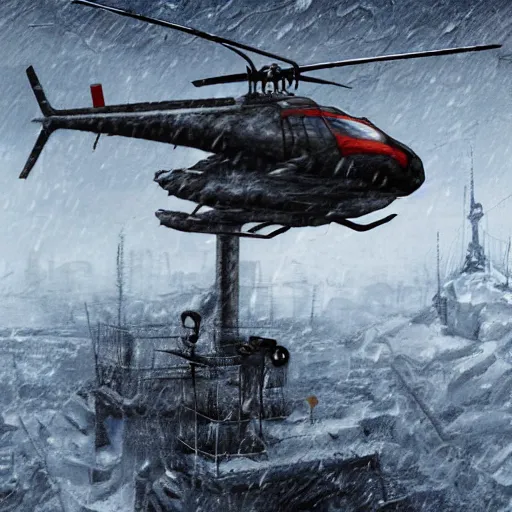 Prompt: helicopter made out of scrap, in snowstorm, apocalyptic, artstation