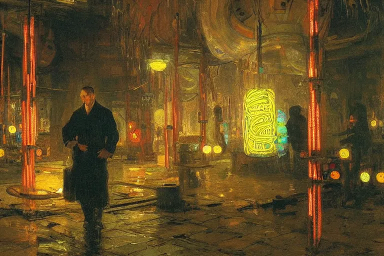 Prompt: painting of a man exploring an underground city made of pipes, string lights, neon signs, by Ilya Repin