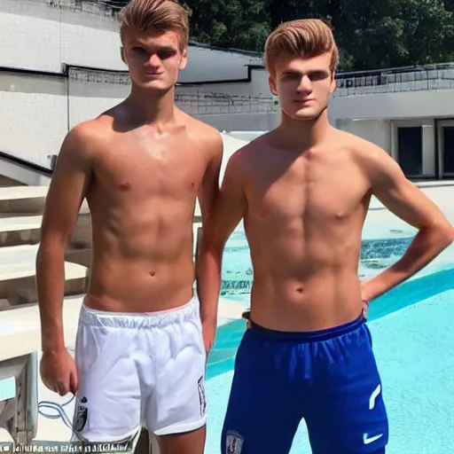 Image similar to a realistic detailed photo of a guy who is an attractive humanoid who is half robot and half humanoid, who is a male android, soccer players martin ødegaard & timo werner, shiny skin, posing like a statue, blank stare, by the pool, on display, showing off his muscles