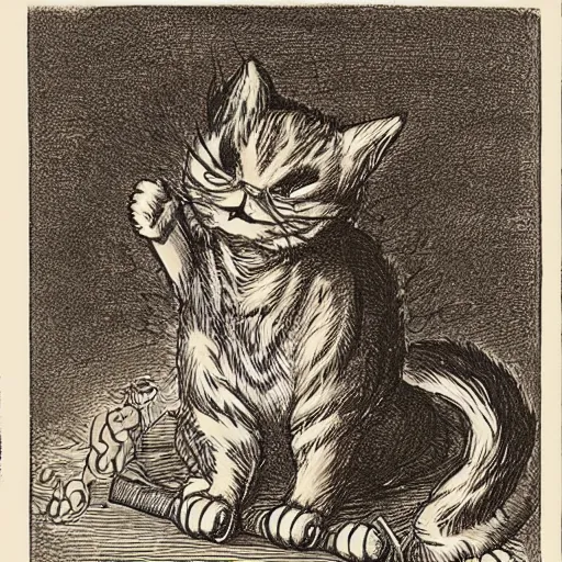 Prompt: Garfield the cat falling from heaving after his banishment, dramatic lighting, golden hour, woodcut style, by Gustav Dore, by Albrecht Durer, trending on artstation