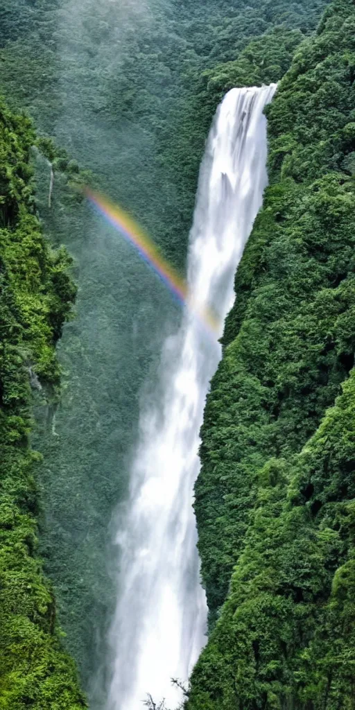 Image similar to A cloudy peak in southern China with one waterfall,one small rainbow in the middle of the waterfall. the style of National Geographic magazine