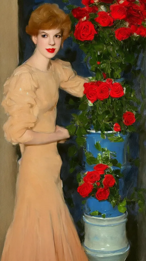 Image similar to clear face of young julee cruise in detailed golden sleeve balloon lace dress beside a pot of red roses set near a persian blue detailed pot by john singer sargent