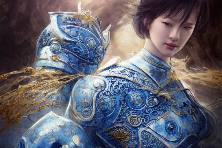 Image similar to portrait knights of Zodiac girl, Chinese Blue and white porcelain reflected armor, kung fu fighting in ruined Agora of Athens sunrise, ssci-fi, fantasy, intricate, very very beautiful, elegant, golden light, highly detailed, digital painting, artstation, concept art, smooth, sharp focus, illustration, art by tian zi and WLOP and alphonse mucha