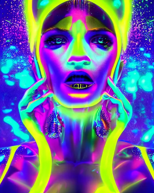 Image similar to a powerful energy psychedelic neon woman, by alexander fedosav, hyper detailed digital matte painting, concept art, hyperrealism, 1 6 k resolution, cinema 4 d, 8 k resolution, trending on artstation, behance hd, a masterpiece, by stephan martiniere, particles, cel - shaded, power bright neon energy, by david a. hardy,