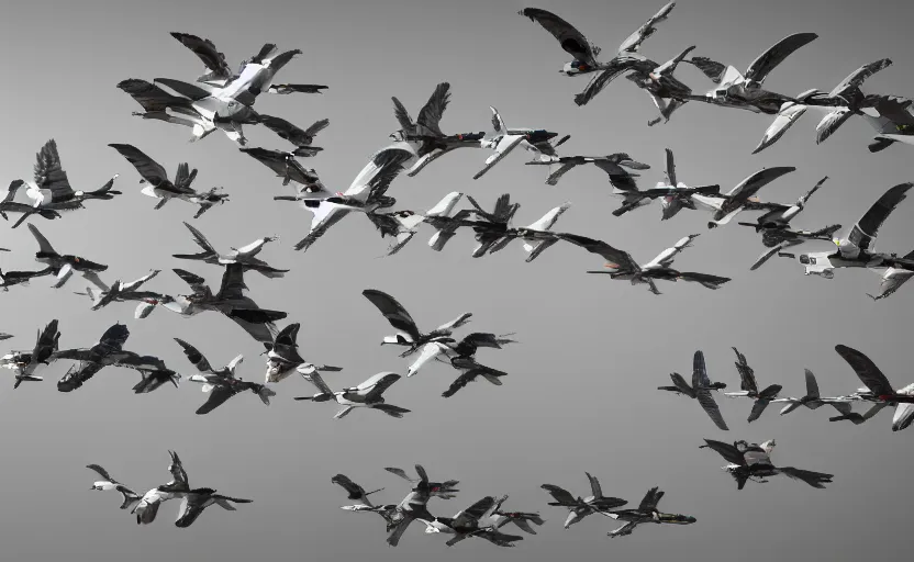 Prompt: a flock of robotic birds at the charging station, hyperdetailed, hyperrealistic