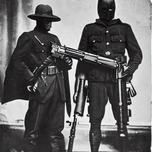 Prompt: old wartime photograph of batman holding a lewis gun, 1 9 1 7