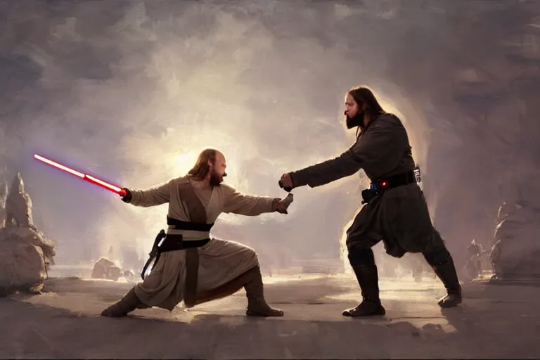 Image similar to putin and jesus christ fight with lightsabers from the star wars, fist fight, detailed faces, putin face, in battle by anders zorn, wonderful, masterpiece by greg rutkowski, beautiful cinematic light, by greg manchess, jessica rossier