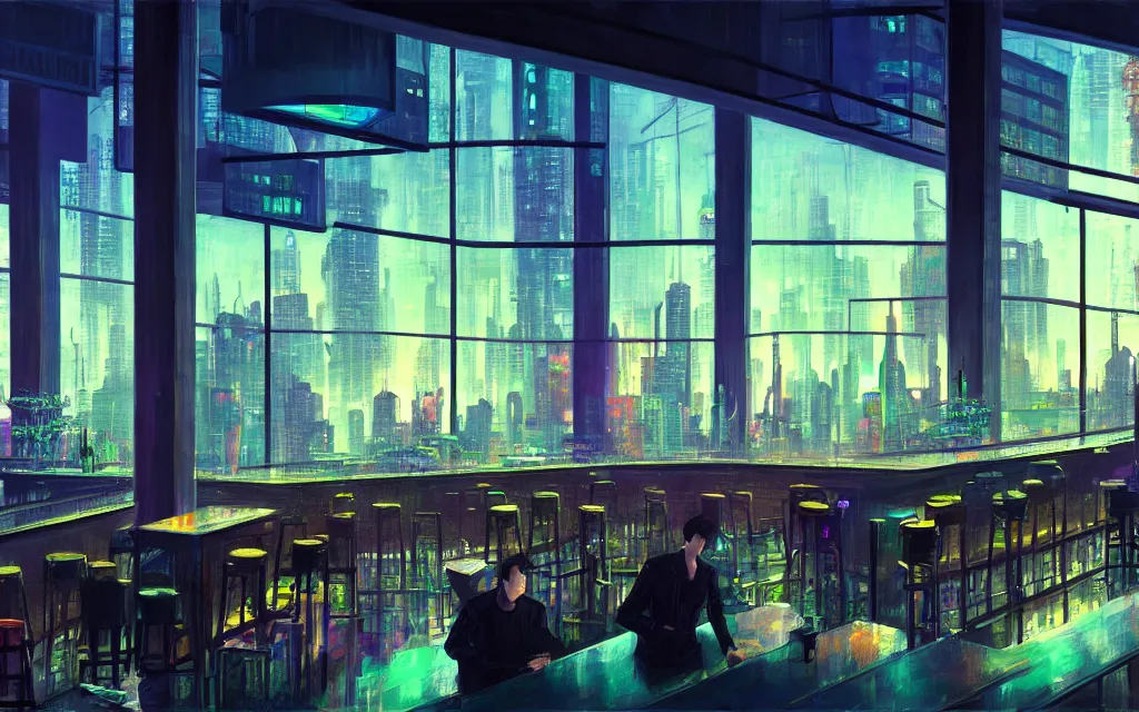 Prompt: cyberpunk loft lounge with tall windows, few people, city in background, bar counter with bartender and chairs, drawn by feng zhu, sparse plants, dim painterly lighting volumetric aquatics, impasto