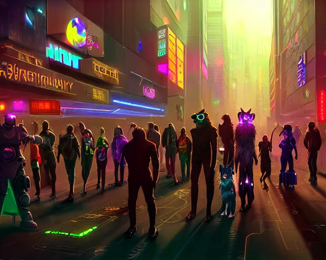 Image similar to high - resolution photograph from a cyberpunk era furry fandom convention ( midwest furfest 2 0 4 7 ), taking place after the genetic revolution and singularity. photorealistic.