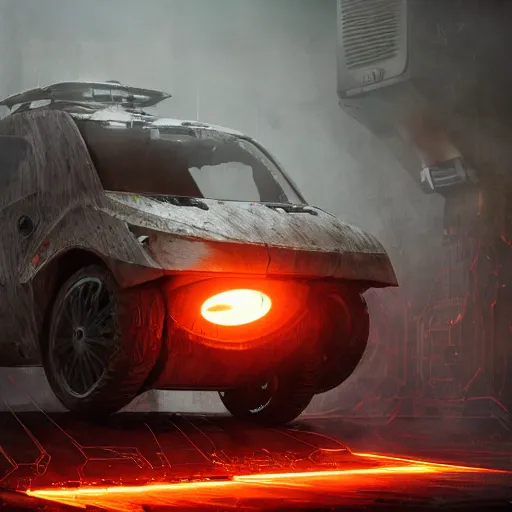 Image similar to toaster oven robot, mechanical, machine, octane render, sharp focus, hyper - realistic, intricate, detailed, eduard pronin, luka mivsek, ruan jia, dark messy smoke - filled cluttered workshop, dark, dramatic lighting, orange tint, sparks, cinematic, highly detailed, sci - fi, futuristic, movie still