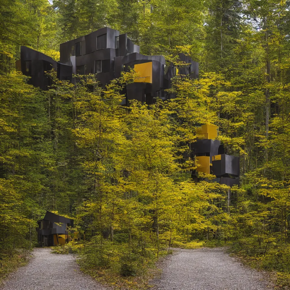 Image similar to a house in a taiga forest clearing from afar, designed by Frank Gehry. Tiles. Gravel pathway with parking. Film grain, cinematic, yellow hue