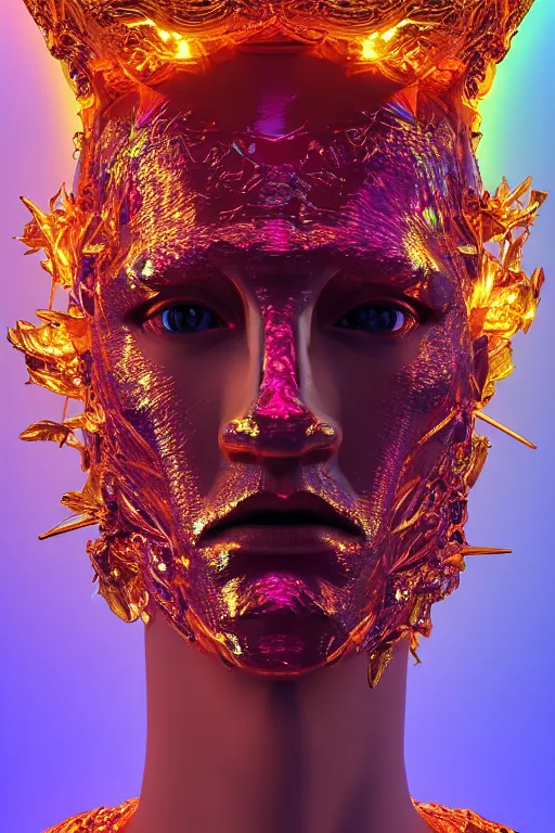 Image similar to hyper detailed ultra sharp portrait of baroque and bladerunner delicate neon ruby sculpture of seductive albino primce royce tigers orange iridescent humanoid deity wearing metallic hoody made out of leaves holding the sun prismatic dungeon, glowing rainbow face, crown of white diamonds, cinematic lighting, photorealistic, octane render 8 k depth of field 3 d
