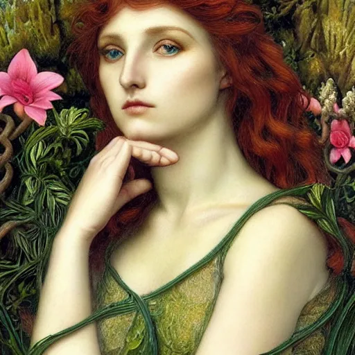 Prompt: Beautiful Pre-Raphaelite goddess of snakes, in the style of John William Godward and Anna Dittman, close-up portrait, porcelain skin, head in focus, flowers and plants, etheric, moody, intricate, mystical,