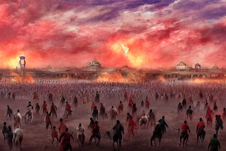 Prompt: karbala battle field, imam hussain, horses and people panicked, red cloudy sky, tents on fire, women running away, photo realistic painting