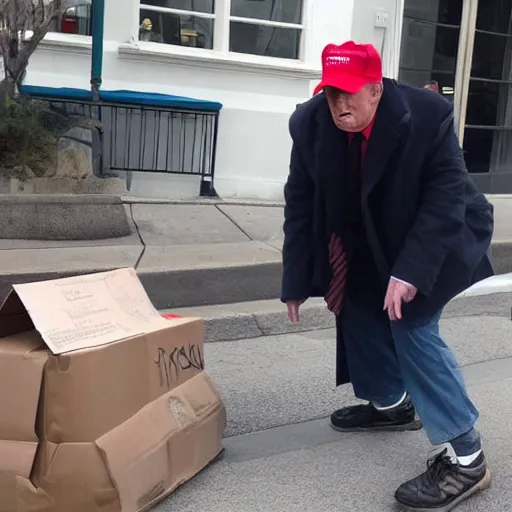 Image similar to donald trump dressed as a homeless man asking for money on the streets