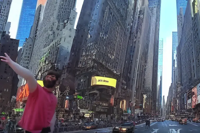 Prompt: video of a creature waving to a person in new york city, 4k