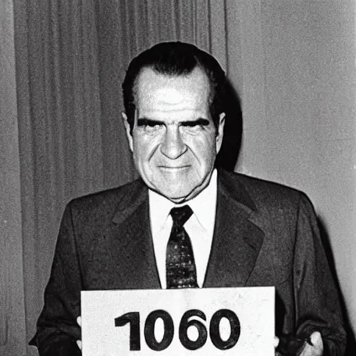 Image similar to mugshot of Richard Nixon holding prisoner number board