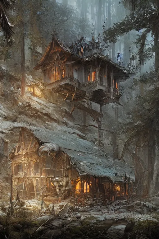 Image similar to a ramshackle multistory hut in the woods, well armored, intricate, elegant, fantasy, highly detailed, digital painting, concept art, sharp focus, illustration, artstation, art by artgerm and greg rutkowski