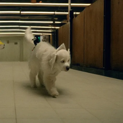 Image similar to movie still of robot white swiss shepperd dog, cinematic composition, cinematic light, criterion collection, by edgar wright