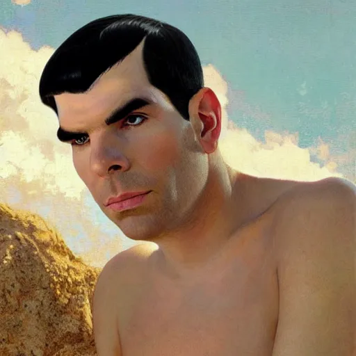 Prompt: portrait of ZACHARY QUINTO SPOCK posing for fashion magazine, beach, sun shining, (SFW) safe for work, photo realistic illustration by greg rutkowski, thomas kindkade, alphonse mucha, loish, norman rockwell