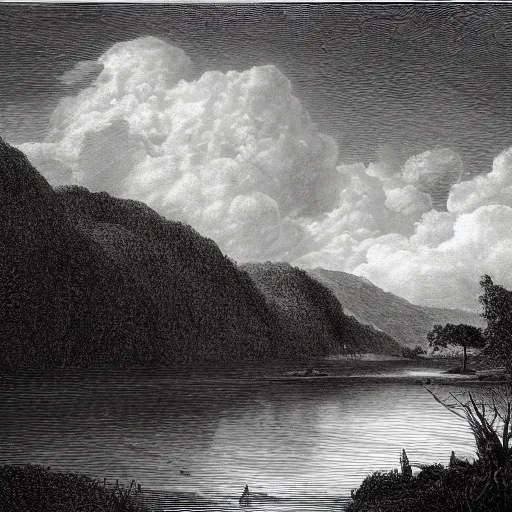 Image similar to Drawing of the Rhein, forest, high detail, clouds, realistic, illustration by Gustave Doré