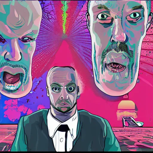 Image similar to delusional trippy conspiracy theorist person illustrated in the style of a GTA V poster, detailed, closeup