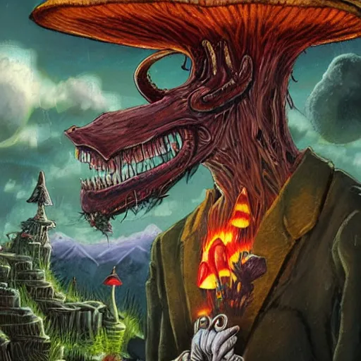 Image similar to a centered chest up portrait of a psychedelic demonic anthropomorphic wendigo smoking a hand - rolled cigarette smoking heavily, magic mushroom village in background. award winning. superb resolution. in the art style of junji ito and greg rutkowski. detailed mushroom city in background. hyper realistic anime. perfect art. dalle 2