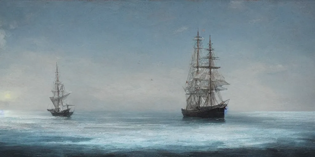 Prompt: “ a single 1 8 0 0 s sail ship stuck in solid white ice, frozen sea, overcast, sun dog, windswept and irregular ice, oil painting ”