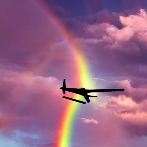 Image similar to Angel-winged limousine flying into a cloudy but sunny pink sky - rainbow on the background