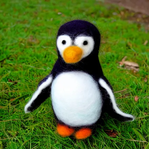 Prompt: a needle felted penguin, needle felting art.